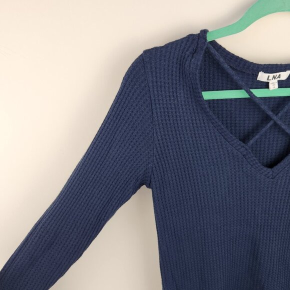 LNA Revolve Cross Strap Waffle Knit Long Sleeve Thermal Sweater Top Navy Blue M - Picture 5 of 8
